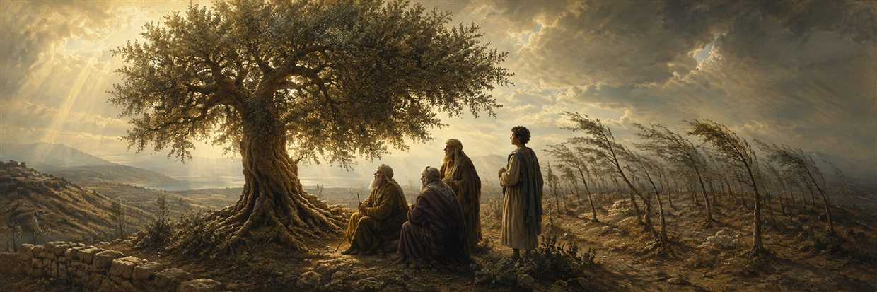 A deeply rooted olive tree bears fruit beside a crowded grove of shallow saplings bending and withering in wind